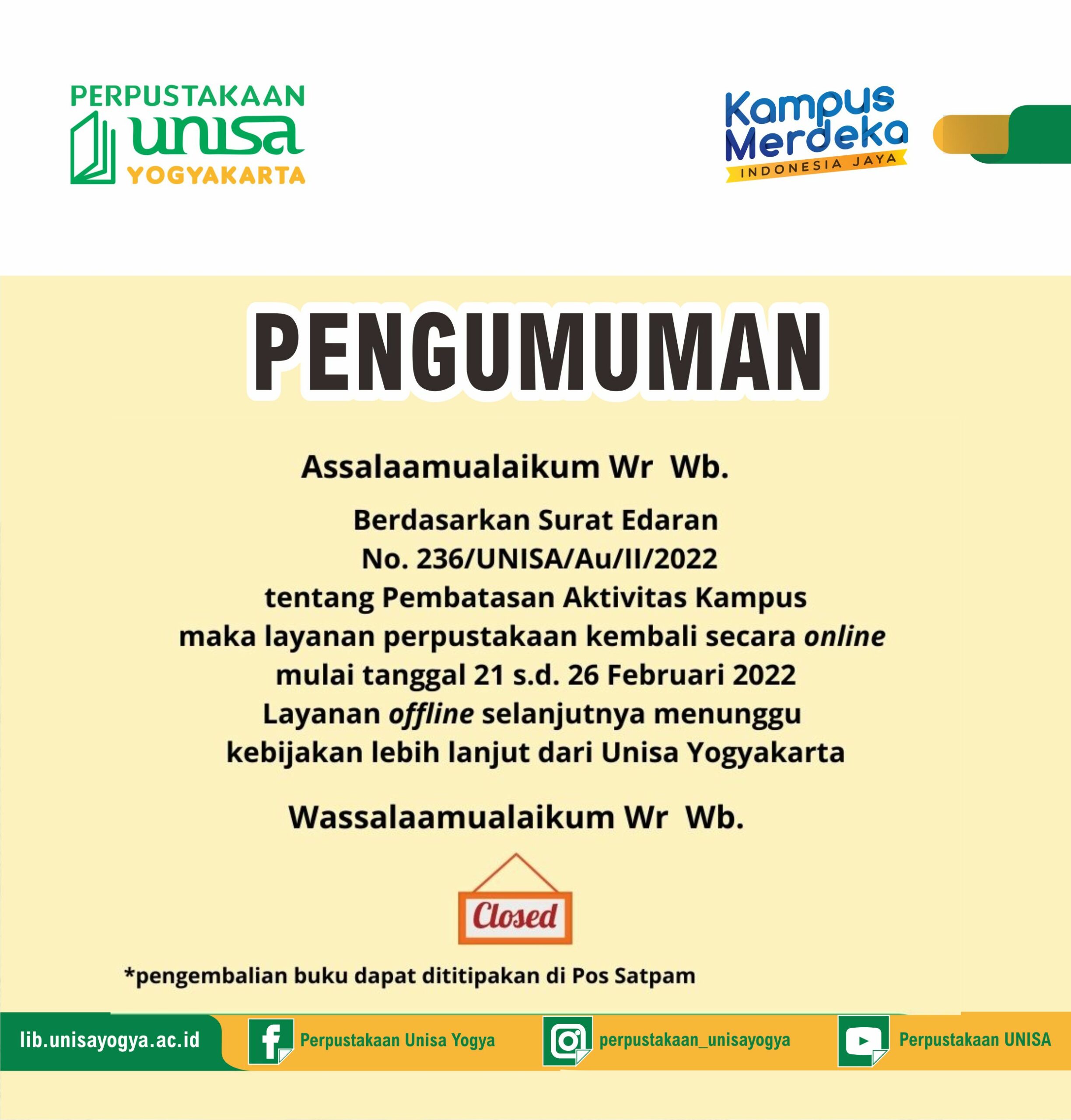 Layanan Perpustakaan Unisa Yogya Sementara Online