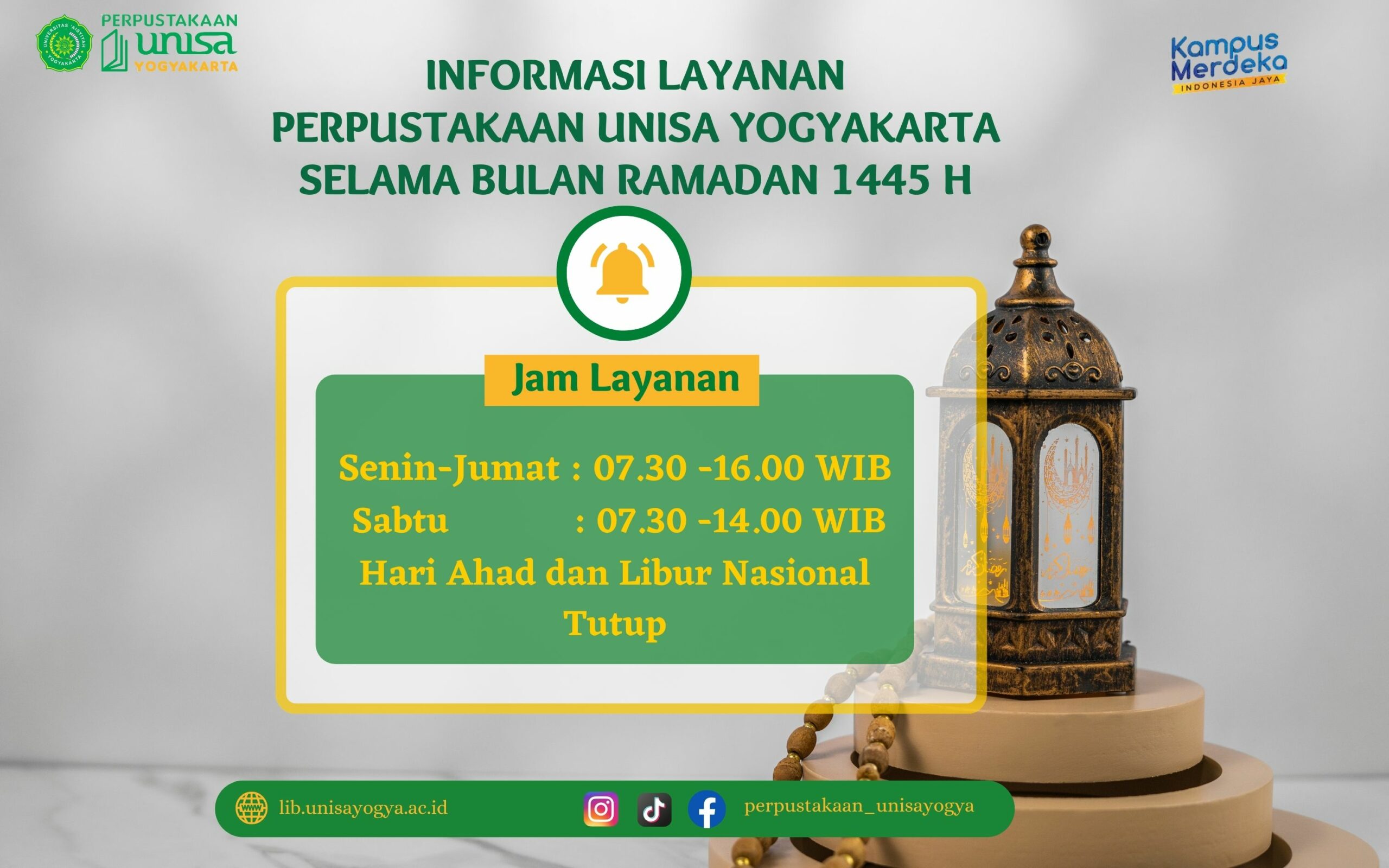 Pengumuman Jam Layanan Perpustakaan UNISA Yogyakarta Selama Bulan Ramadan 1445 H