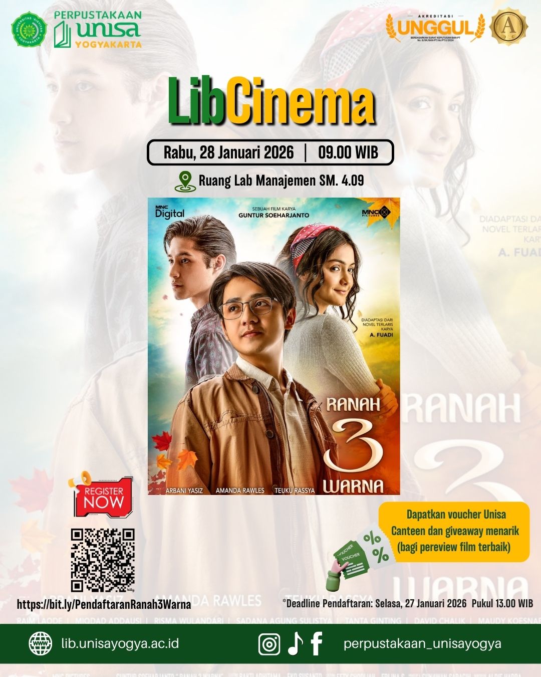 LibCinema Perpustakaan UNISA Ajak Sivitas Akademika Menyelami Makna Perjuangan Lewat Film Ranah 3 Warna
